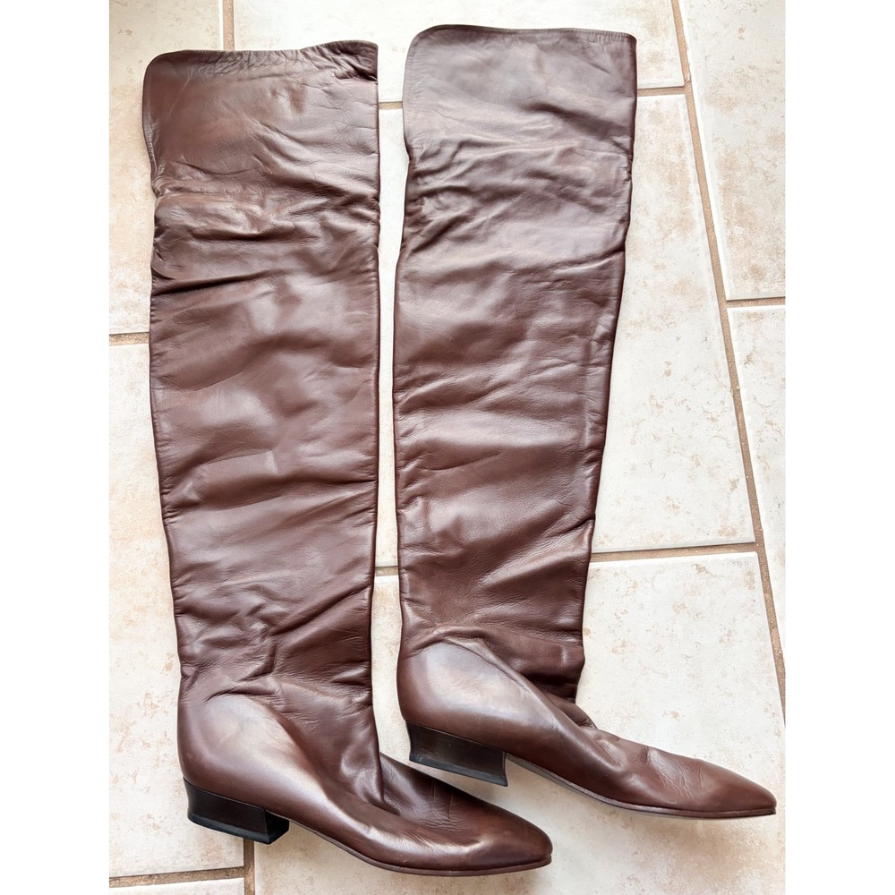 Vero Cuoio Italian Brown Leather Over The Knee Flat Boots Sz 39 Made In Italy